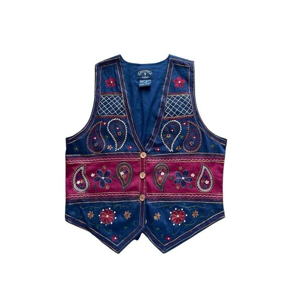 Vintage 90s solutions embroidered boho funky button down navy vest - Picture 1 of 6